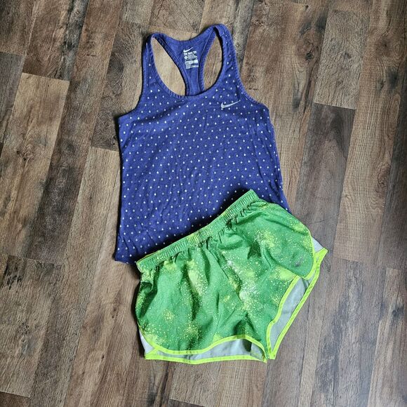 Nike Dri-FIT Women’s Running Set –Size Small – Blue Polka Dot Tank & Green Short - Picture 2 of 7